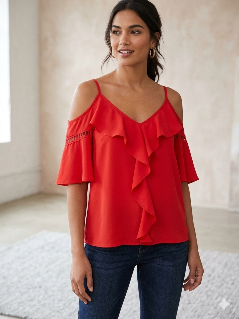 19 Cooper Red Cold Shoulder Ruffle Blouse Top Size S